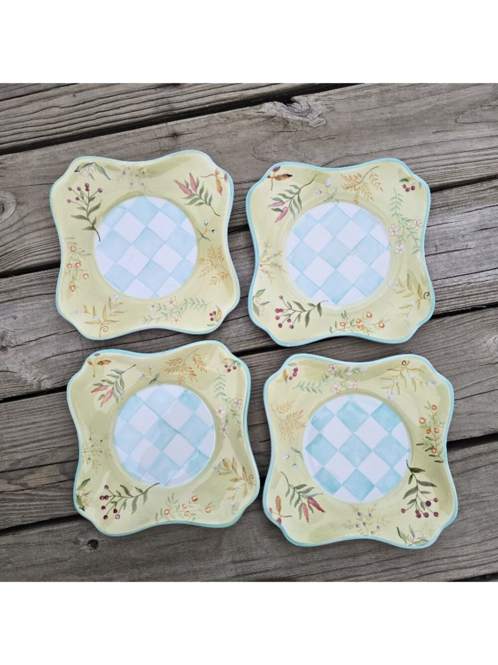 Blue Diamonds Square Garden Dinner Plates, Yellow Flowers Border Capriware 4 Pcs